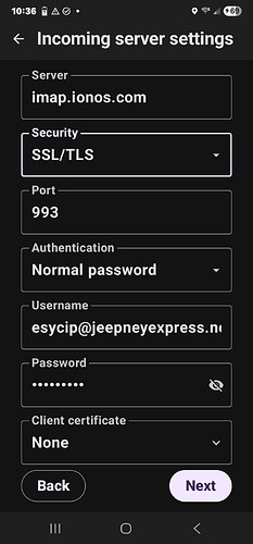 K-9 Mail IMAP Incoming Server Config, 6-30-25